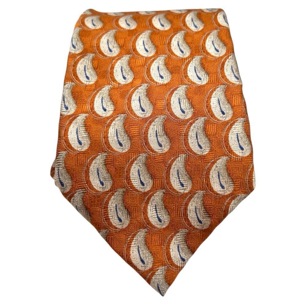 JZ Richards mens neck tie paisley burnt orange silk handmade USA white black